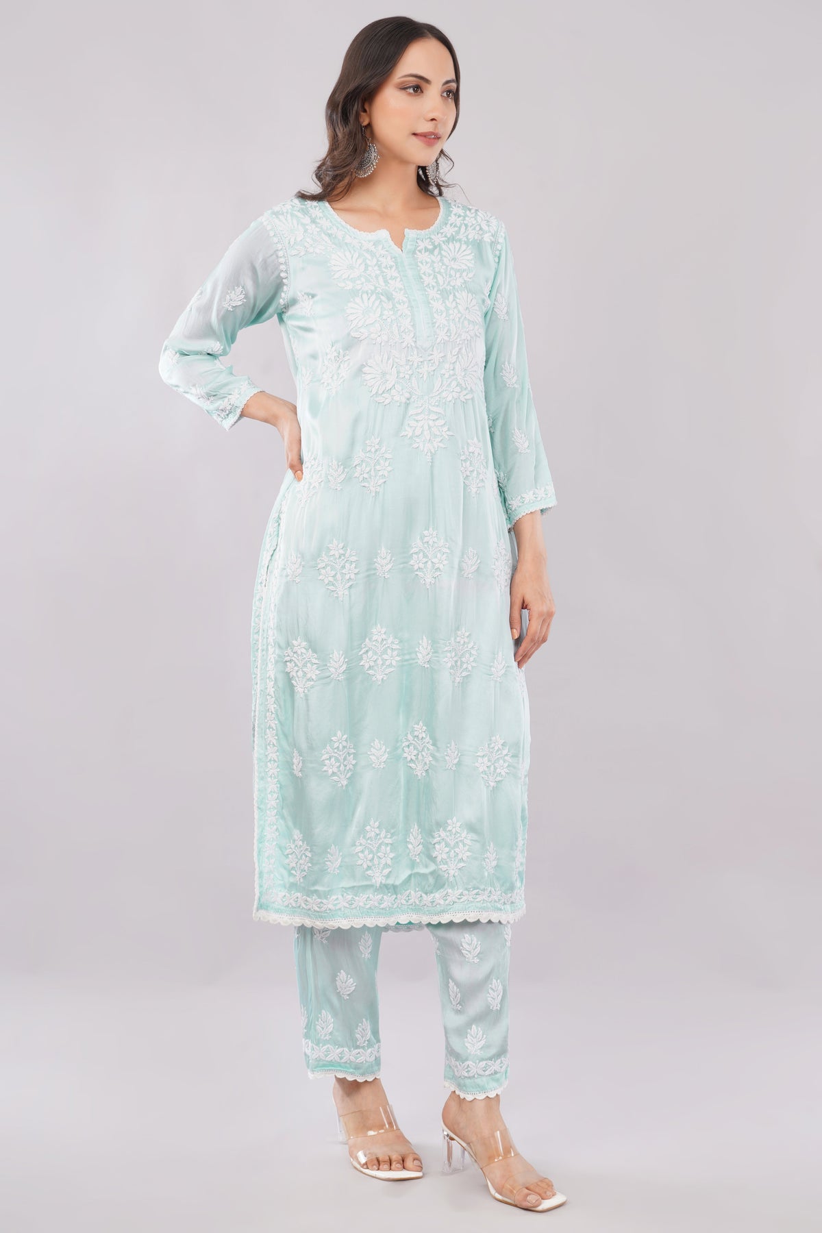 Seher Mint Green Satin Chikankari Coord Set - Lucknow Threads
