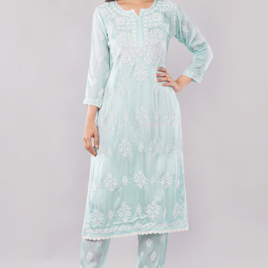 Seher Mint Green Satin Chikankari Coord Set - Lucknow Threads