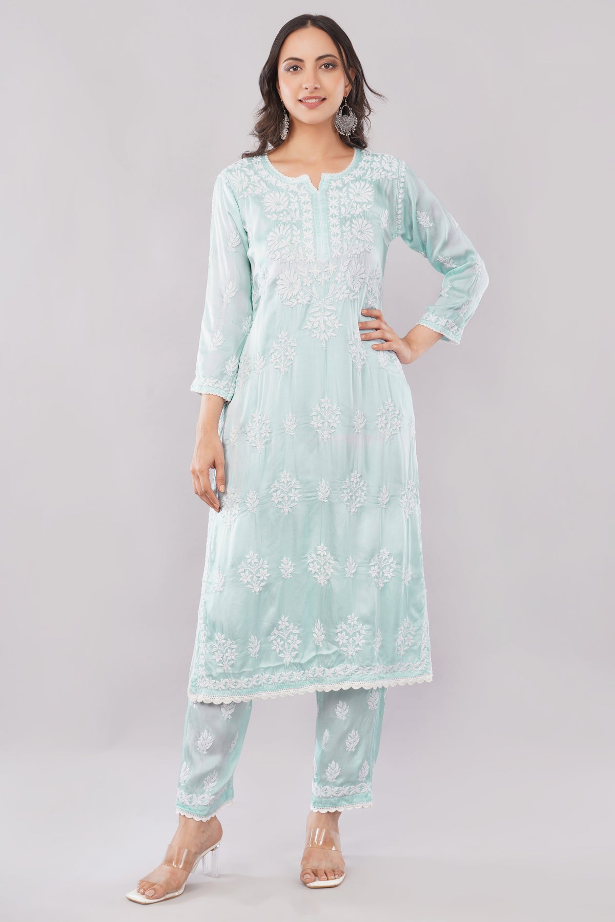 Seher Mint Green Satin Chikankari Coord Set - Lucknow Threads