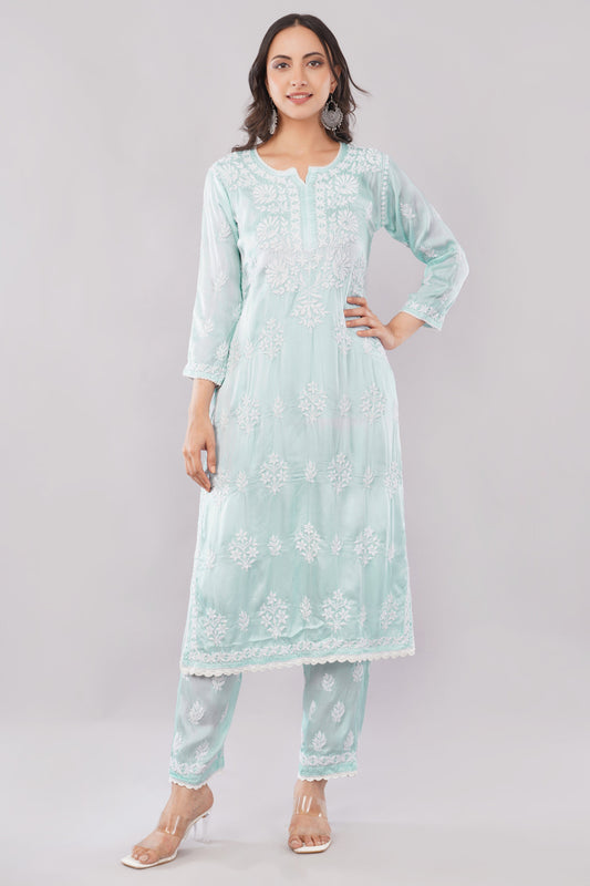 Seher Mint Green Satin Chikankari Coord Set - Lucknow Threads