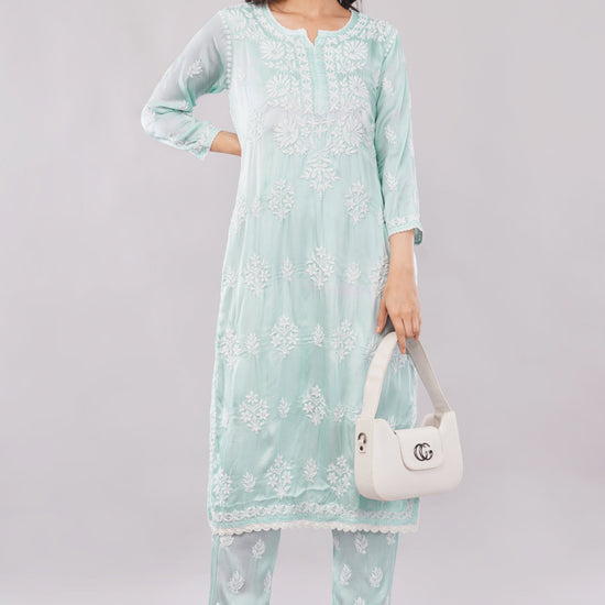 Seher Mint Green Satin Chikankari Coord Set - Lucknow Threads