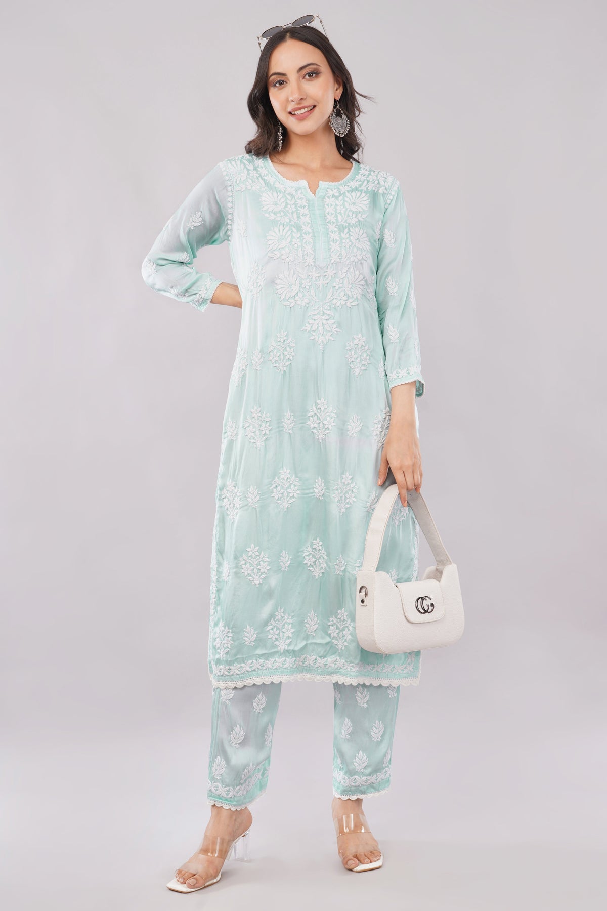 Seher Mint Green Satin Chikankari Coord Set - Lucknow Threads