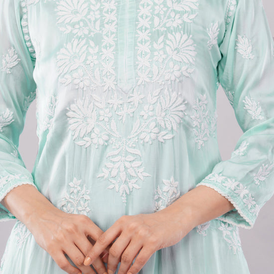 Seher Mint Green Satin Chikankari Coord Set - Lucknow Threads