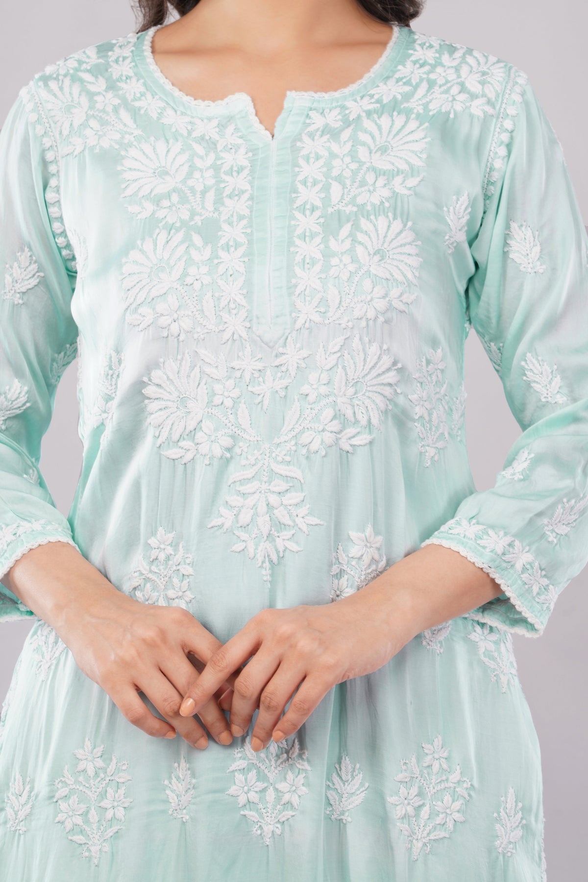 Seher Mint Green Satin Chikankari Coord Set - Lucknow Threads