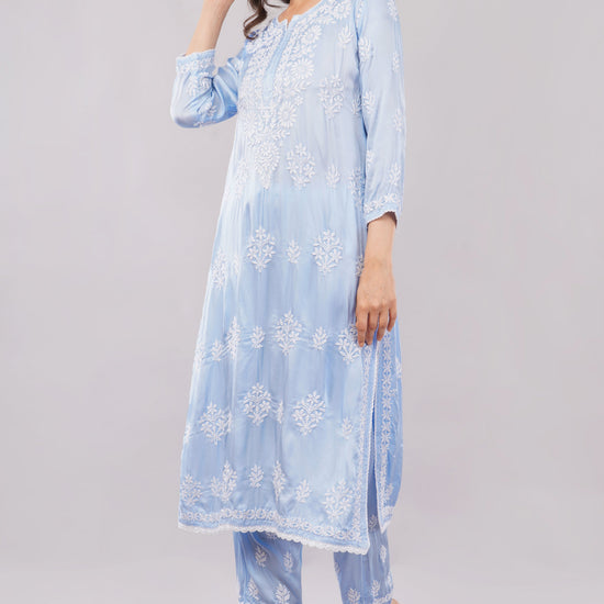 Seher Powder Blue Satin Chikankari Coord Set - Lucknow Threads
