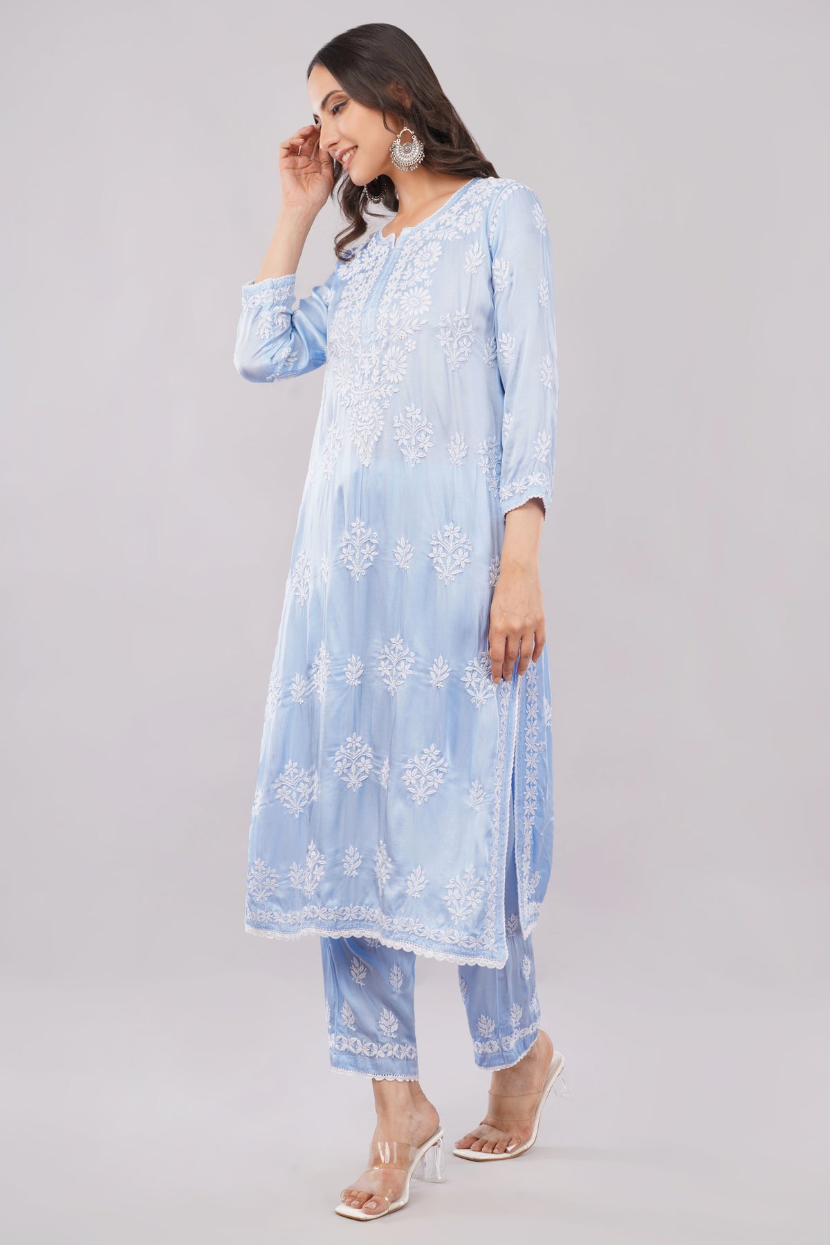 Seher Powder Blue Satin Chikankari Coord Set - Lucknow Threads