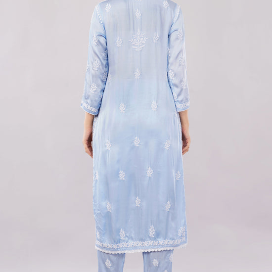 Seher Powder Blue Satin Chikankari Coord Set - Lucknow Threads