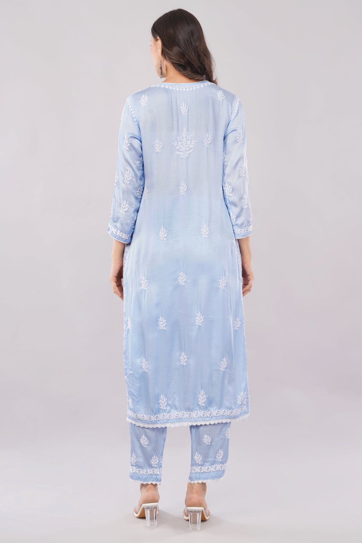 Seher Powder Blue Satin Chikankari Coord Set - Lucknow Threads