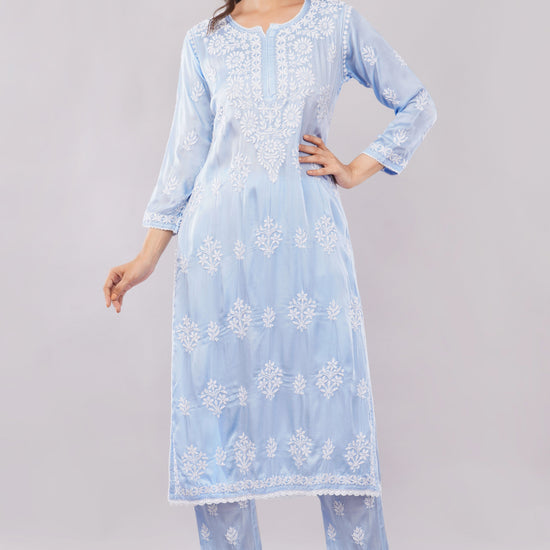 Seher Powder Blue Satin Chikankari Coord Set - Lucknow Threads