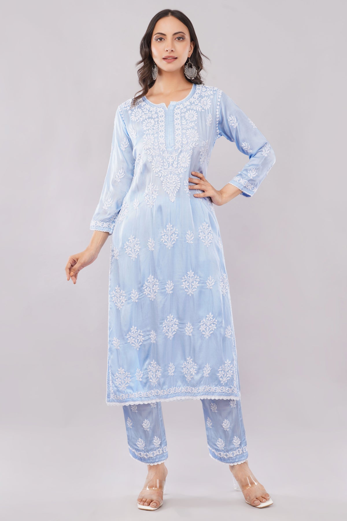 Seher Powder Blue Satin Chikankari Coord Set - Lucknow Threads