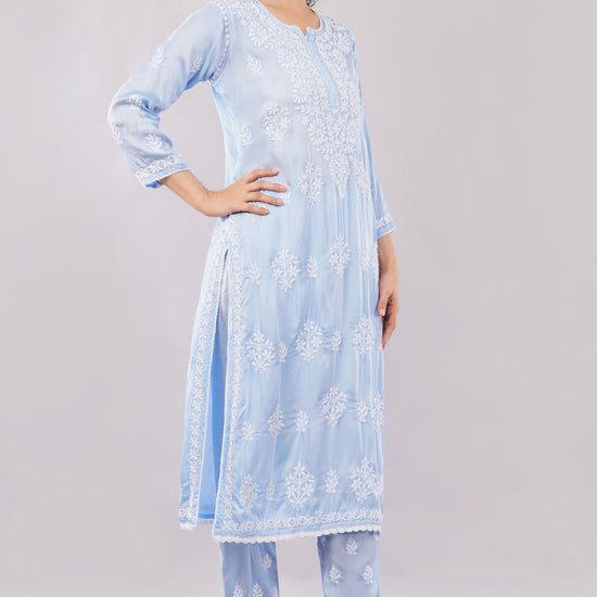 Seher Powder Blue Satin Chikankari Coord Set - Lucknow Threads