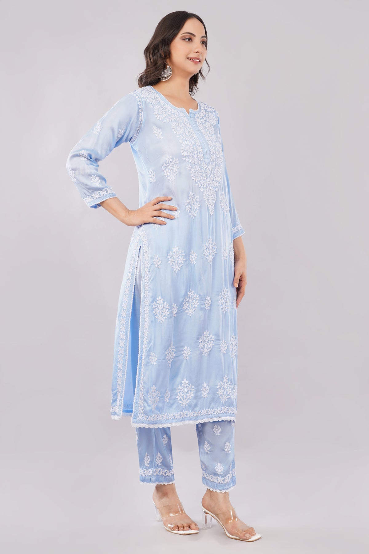 Seher Powder Blue Satin Chikankari Coord Set - Lucknow Threads
