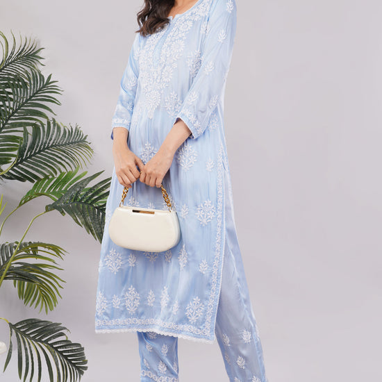 Seher Powder Blue Satin Chikankari Coord Set - Lucknow Threads