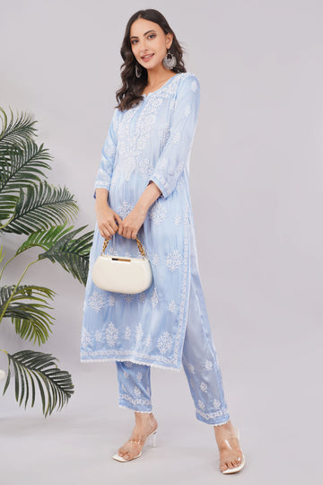 Seher Powder Blue Satin Chikankari Coord Set - Lucknow Threads