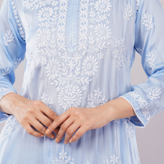 Seher Powder Blue Satin Chikankari Coord Set - Lucknow Threads