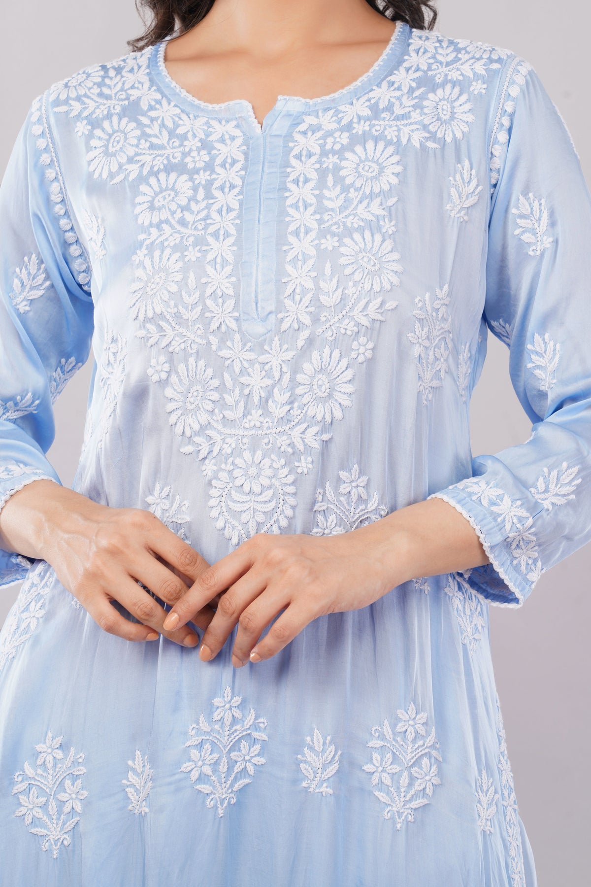 Seher Powder Blue Satin Chikankari Coord Set - Lucknow Threads