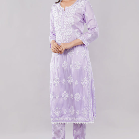 Seher Soft Lilac Satin Chikankari Coord Set - Lucknow Threads