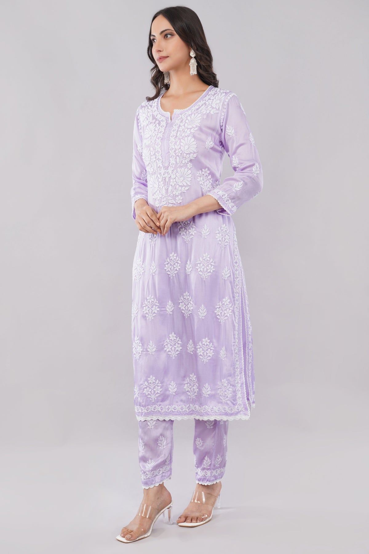 Seher Soft Lilac Satin Chikankari Coord Set - Lucknow Threads