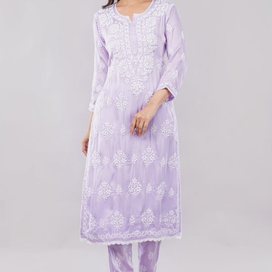 Seher Soft Lilac Satin Chikankari Coord Set - Lucknow Threads