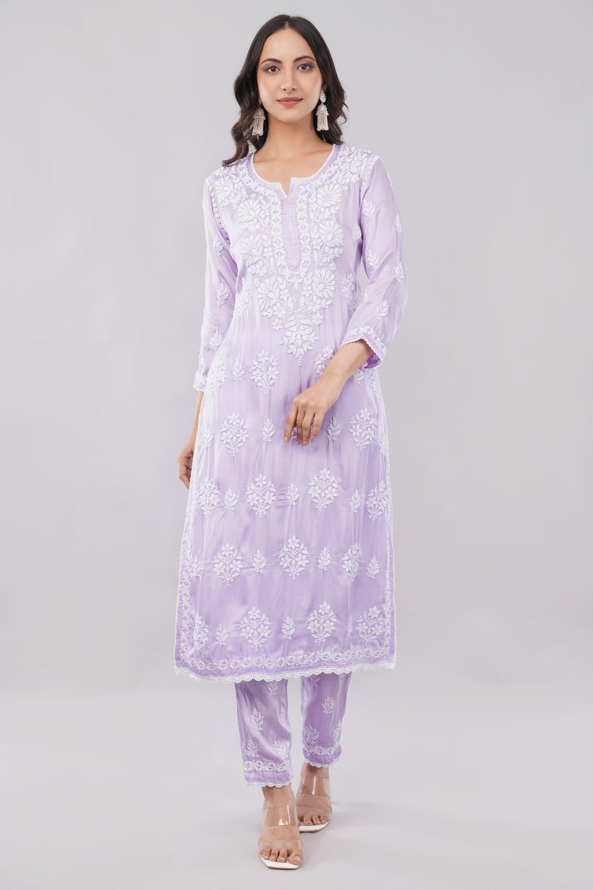 Seher Soft Lilac Satin Chikankari Coord Set - Lucknow Threads