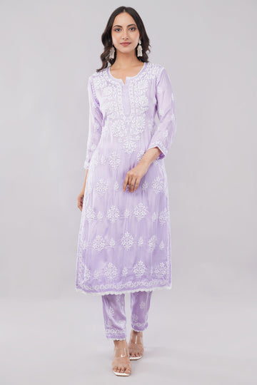 Seher Soft Lilac Satin Chikankari Coord Set - Lucknow Threads
