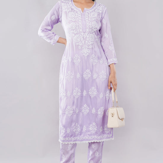 Seher Soft Lilac Satin Chikankari Coord Set - Lucknow Threads