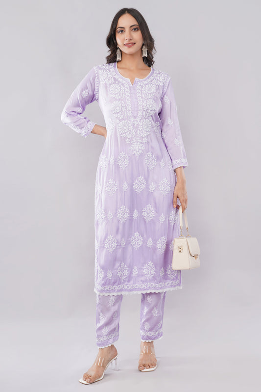 Seher Soft Lilac Satin Chikankari Coord Set - Lucknow Threads