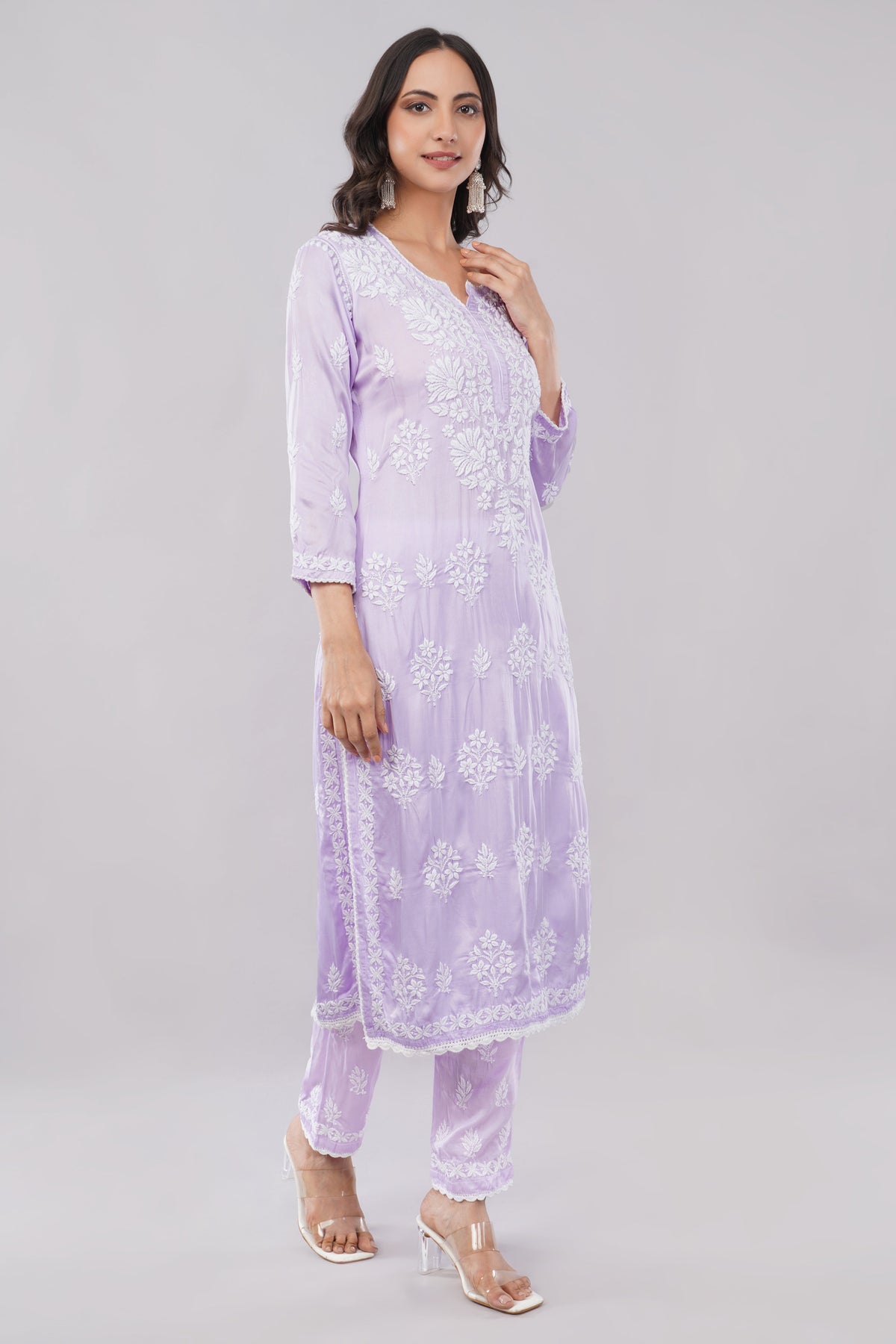 Seher Soft Lilac Satin Chikankari Coord Set - Lucknow Threads