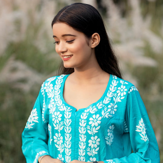 Simra Cool Aqua Blue Modal Cotton Cord Set - Lucknow Threads600_BLU