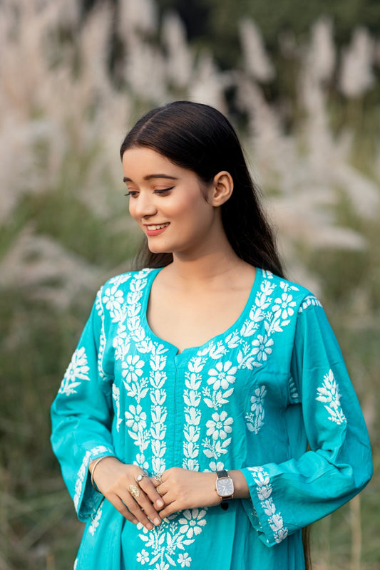 Simra Cool Aqua Blue Modal Cotton Cord Set - Lucknow Threads600_BLU