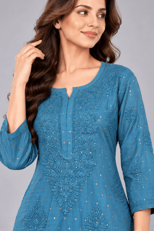 Ziva Dusty blue Chanderi Silk Chikankari Coord set - Lucknow Threads