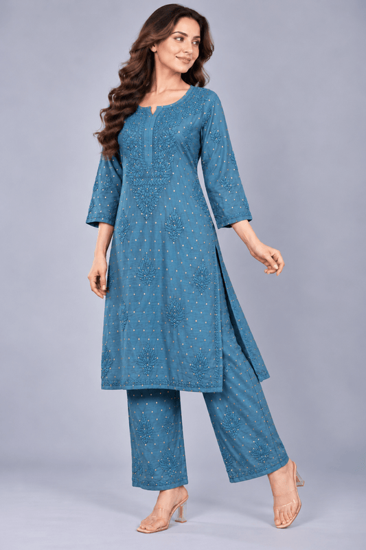 Ziva Dusty blue Chanderi Silk Chikankari Coord set - Lucknow Threads