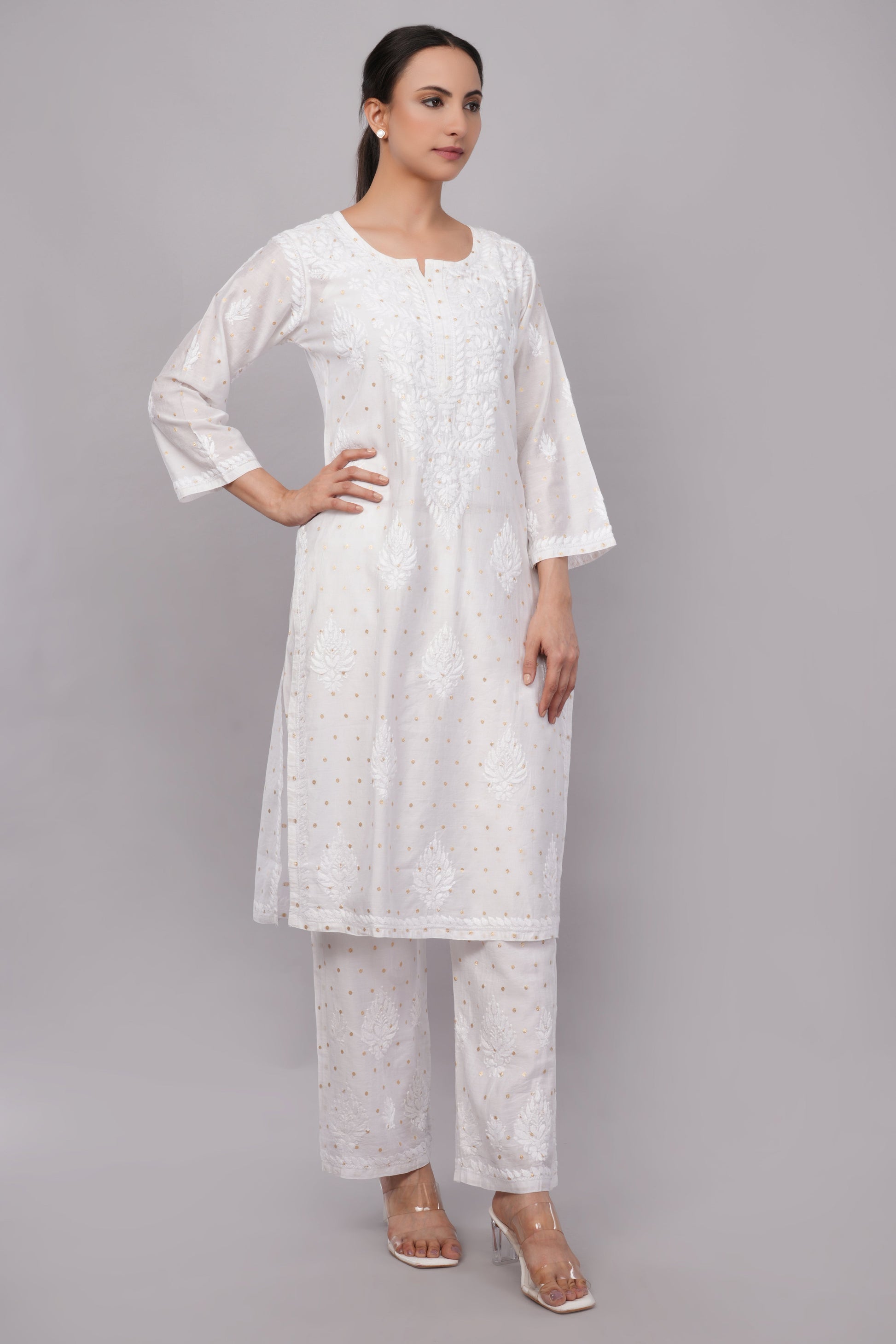 Ziva Ivory Chanderi Silk Chikankari Coord Set - Lucknow Threads