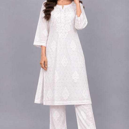 Ziva Ivory Chanderi Silk Chikankari Coord Set - Lucknow Threads