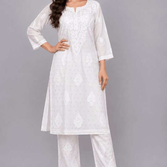 Ziva Ivory Chanderi Silk Chikankari Coord Set - Lucknow Threads