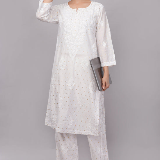 Ziva Ivory Chanderi Silk Chikankari Coord Set - Lucknow Threads