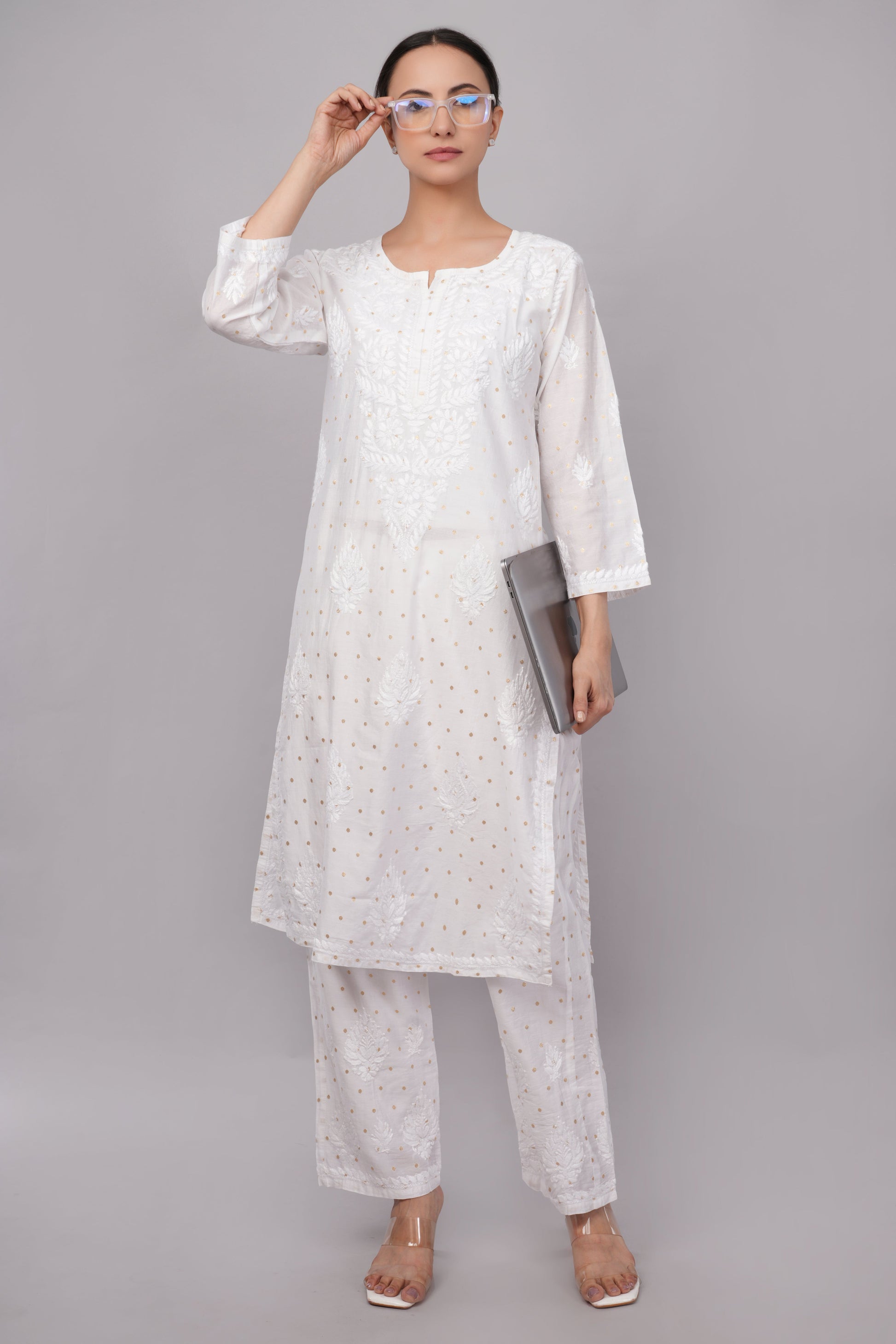 Ziva Ivory Chanderi Silk Chikankari Coord Set - Lucknow Threads