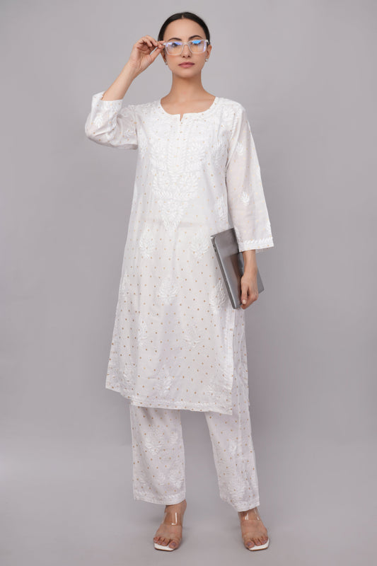 Ziva Ivory Chanderi Silk Chikankari Coord Set - Lucknow Threads
