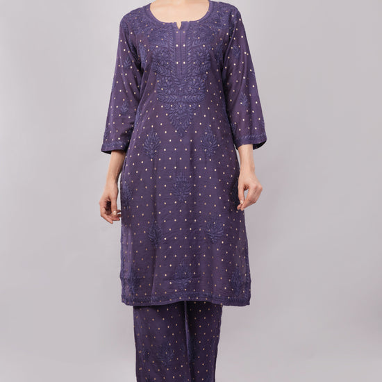 Ziva Mulberry blue Chanderi Silk Chikankari Coord Set - Lucknow Threads