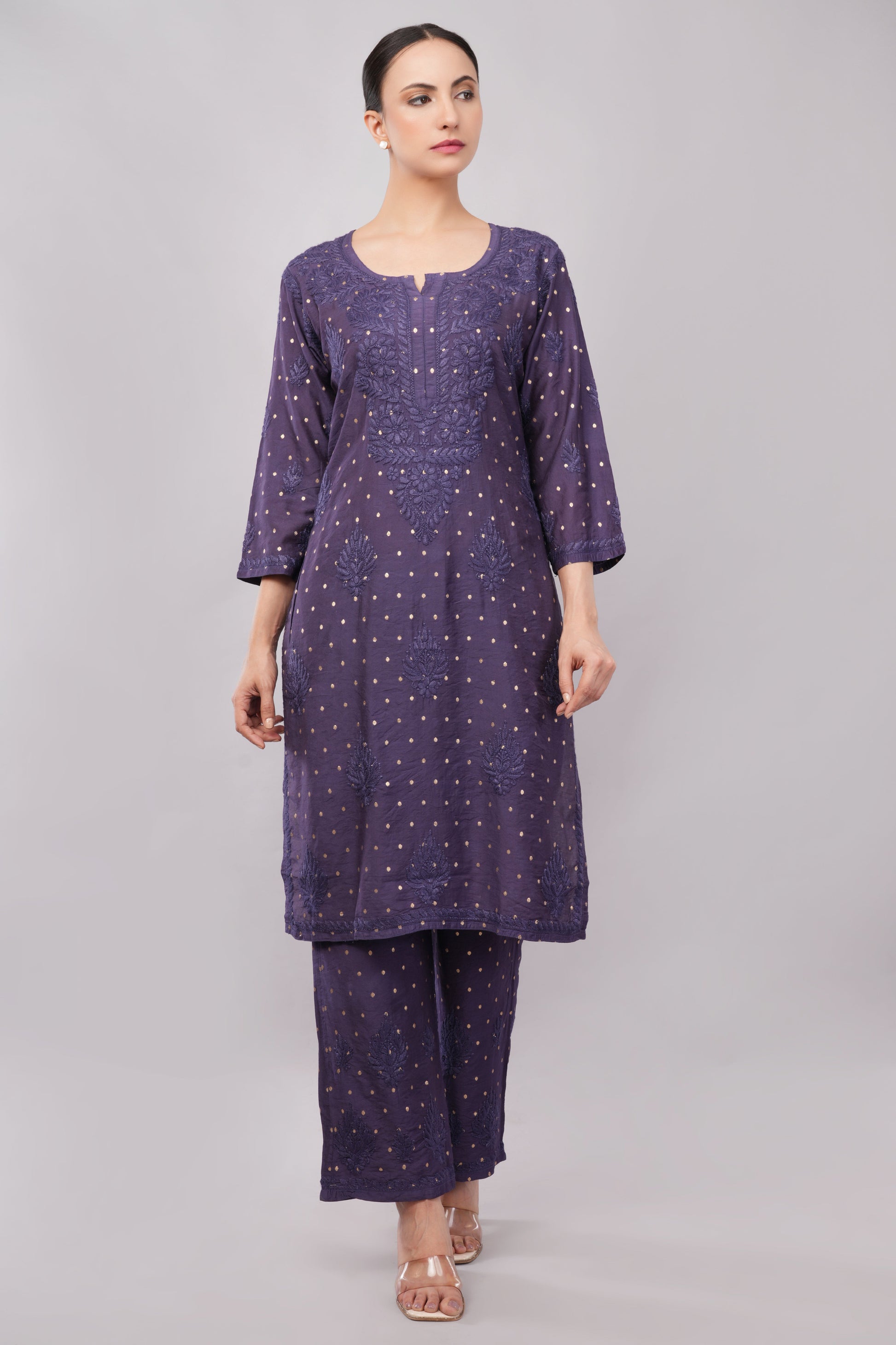 Ziva Mulberry blue Chanderi Silk Chikankari Coord Set - Lucknow Threads