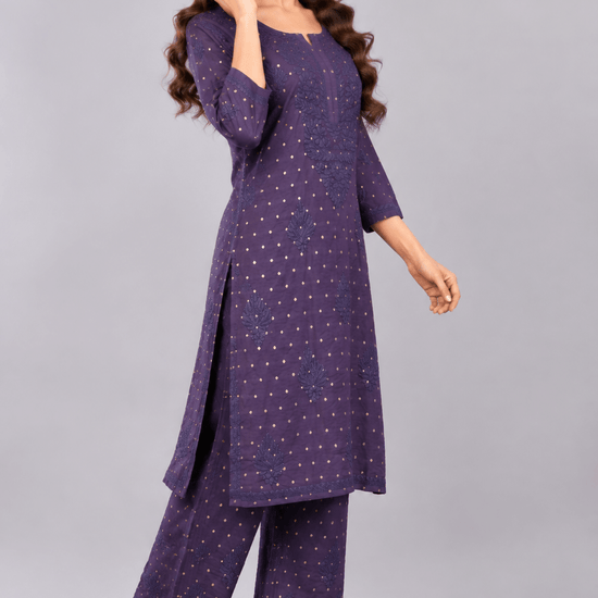 Ziva Mulberry blue Chanderi Silk Chikankari Coord Set - Lucknow Threads