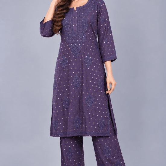 Ziva Mulberry blue Chanderi Silk Chikankari Coord Set - Lucknow Threads
