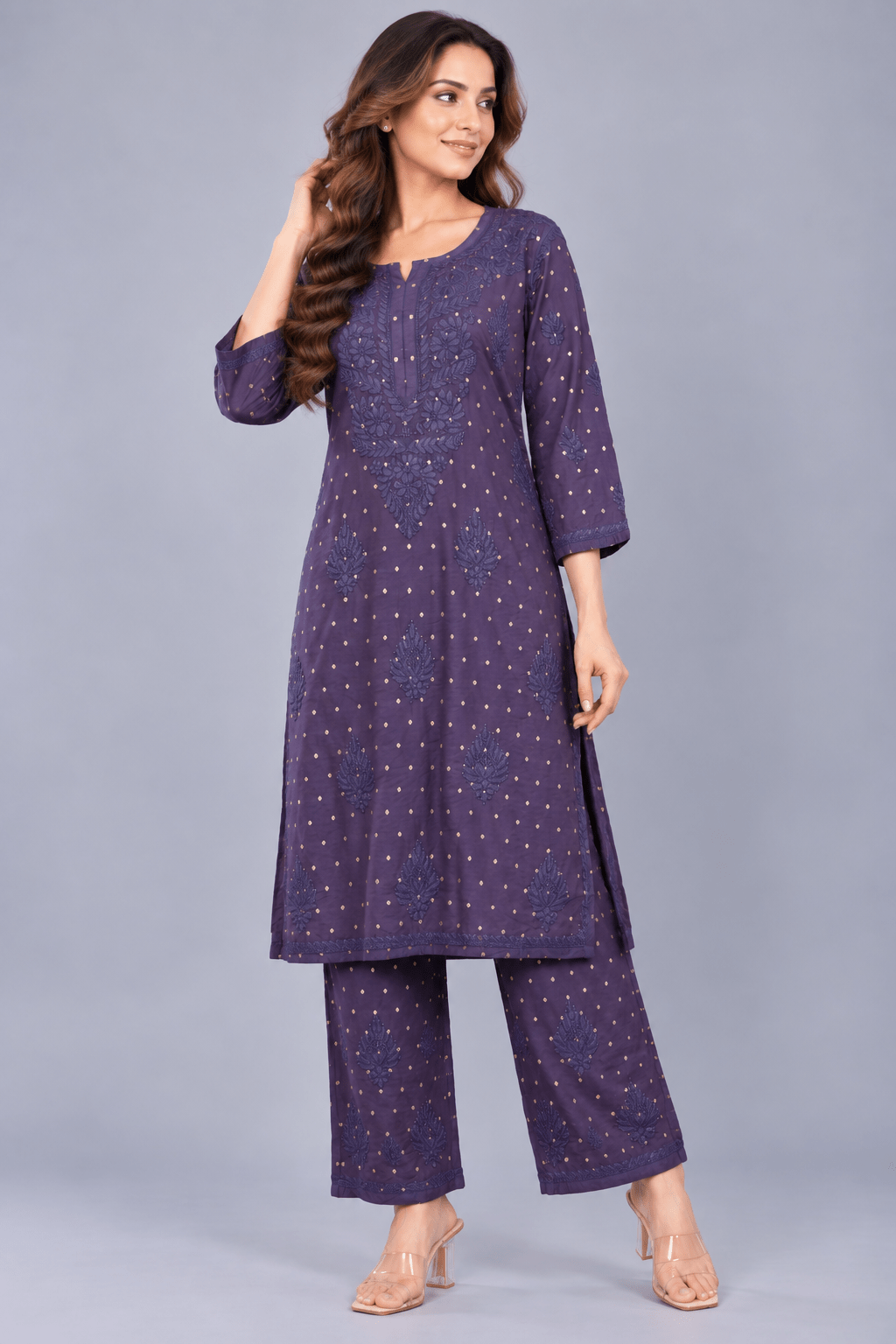 Ziva Mulberry blue Chanderi Silk Chikankari Coord Set - Lucknow Threads