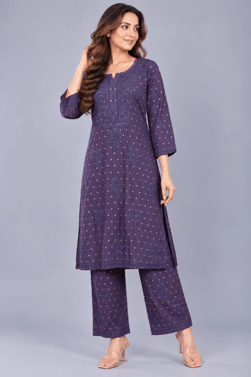 Ziva Mulberry blue Chanderi Silk Chikankari Coord Set - Lucknow Threads
