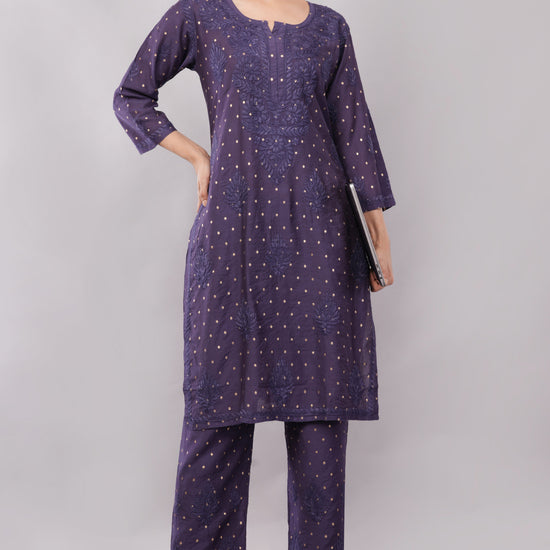 Ziva Mulberry blue Chanderi Silk Chikankari Coord Set - Lucknow Threads