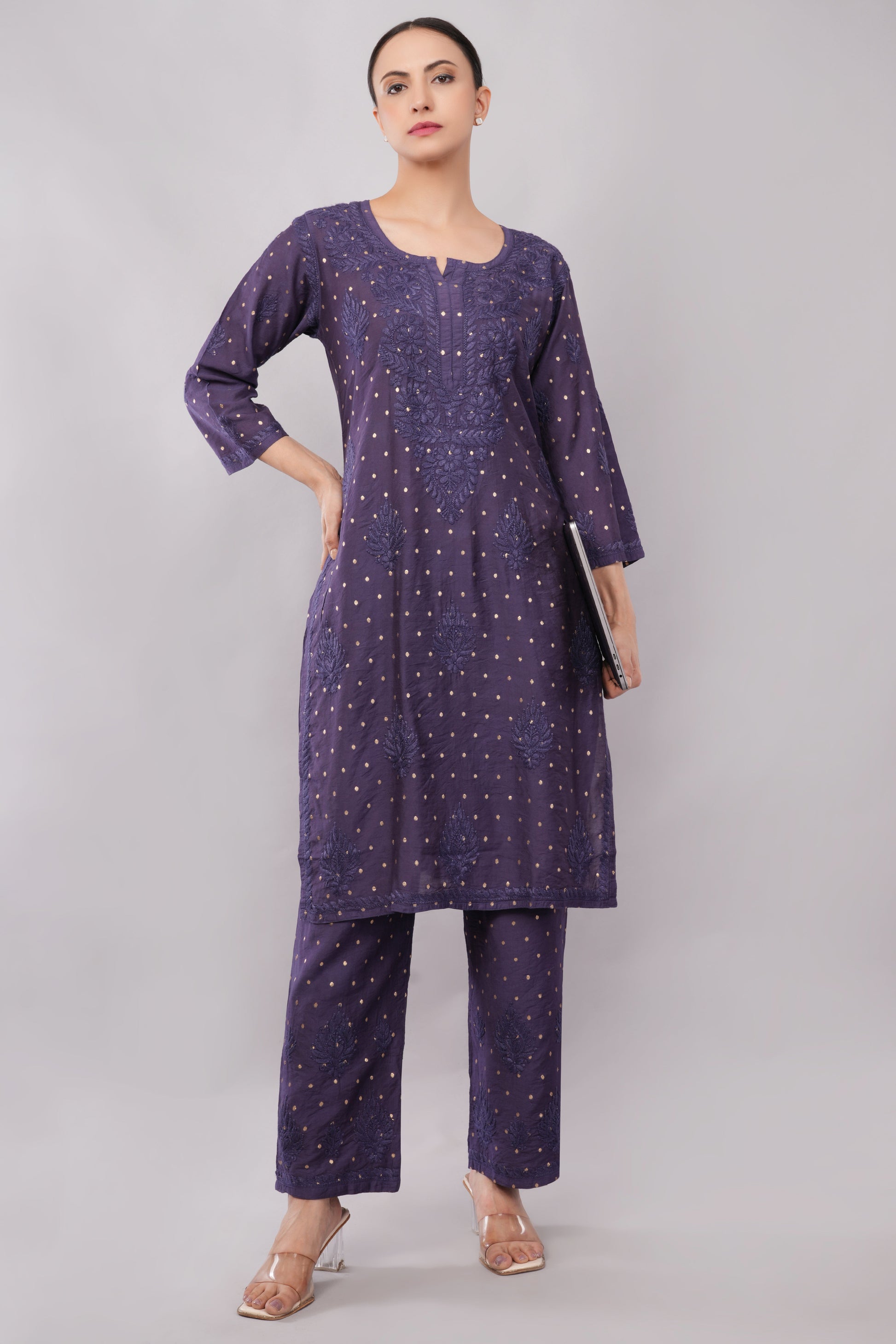 Ziva Mulberry blue Chanderi Silk Chikankari Coord Set - Lucknow Threads