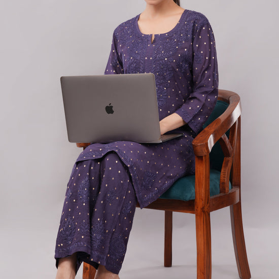 Ziva Mulberry blue Chanderi Silk Chikankari Coord Set - Lucknow Threads