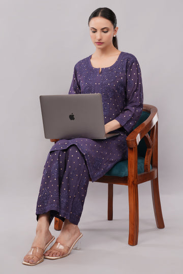 Ziva Mulberry blue Chanderi Silk Chikankari Coord Set - Lucknow Threads