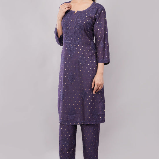 Ziva Mulberry blue Chanderi Silk Chikankari Coord Set - Lucknow Threads