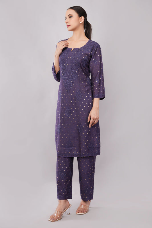 Ziva Mulberry blue Chanderi Silk Chikankari Coord Set - Lucknow Threads